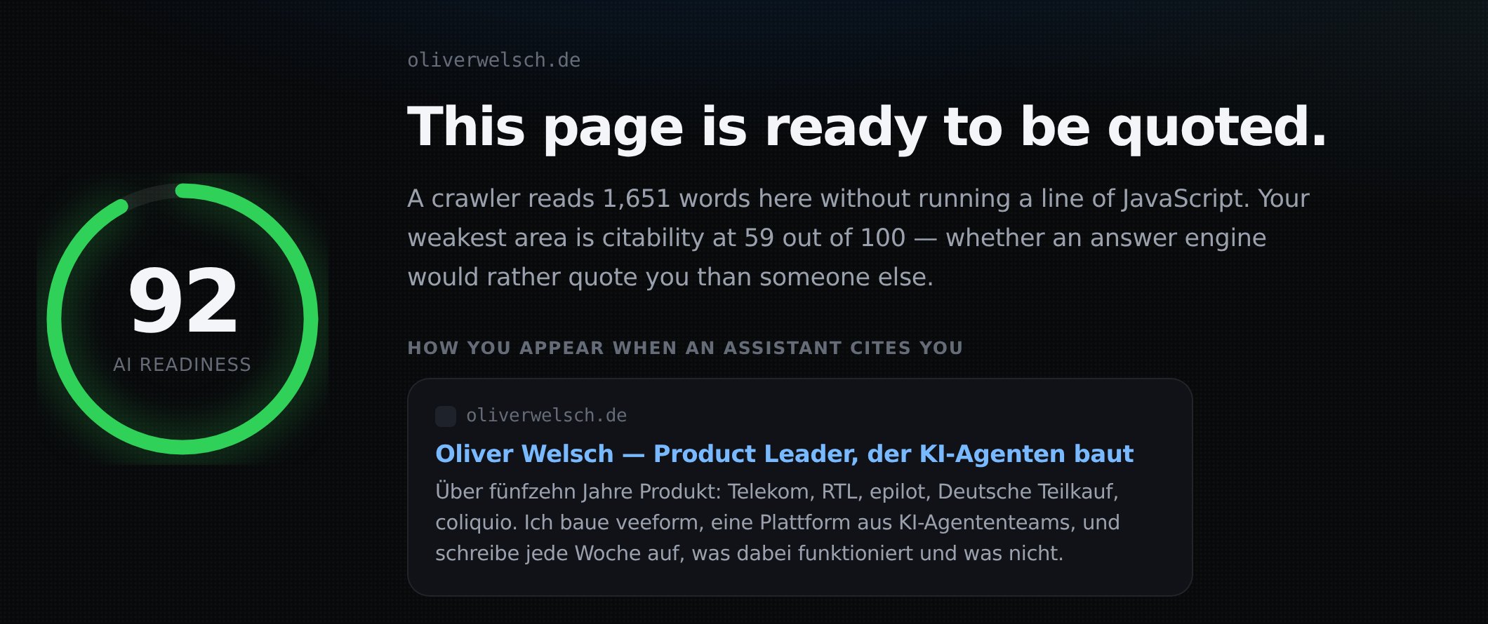 Botlight-Report für oliverwelsch.de: AI-Readiness-Score 92 von 100 mit dem Urteil »This page is ready to be quoted« und der Vorschau, wie die Seite aussieht, wenn ein Assistent sie zitiert